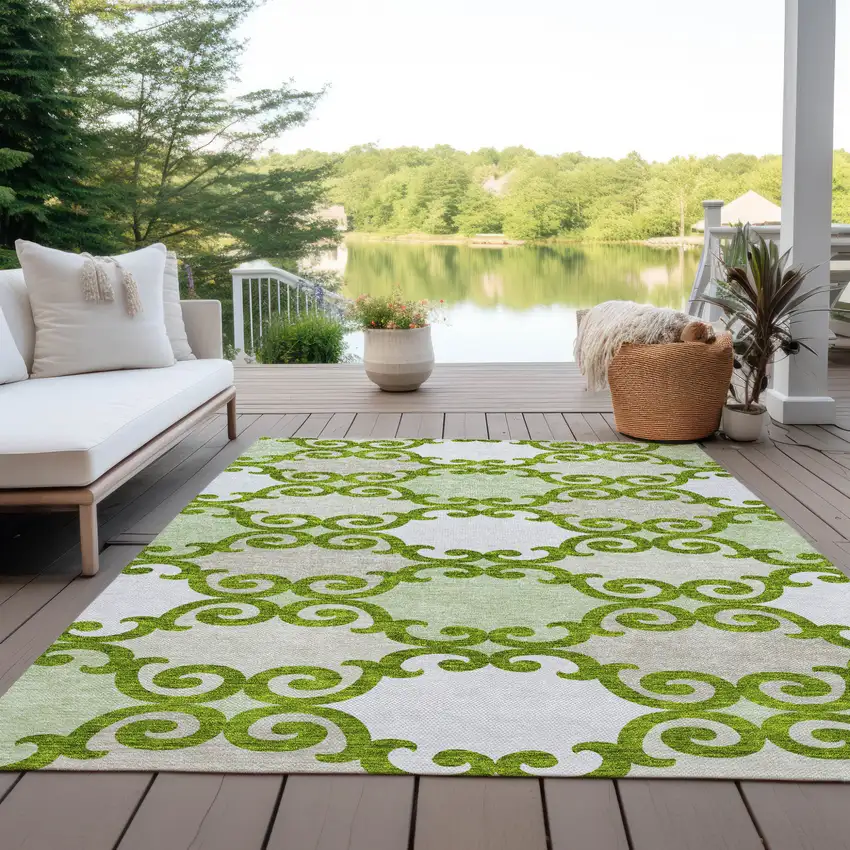 Lime Green And Ivory Trellis Washable Indoor Outdoor Area Rug Photo 8