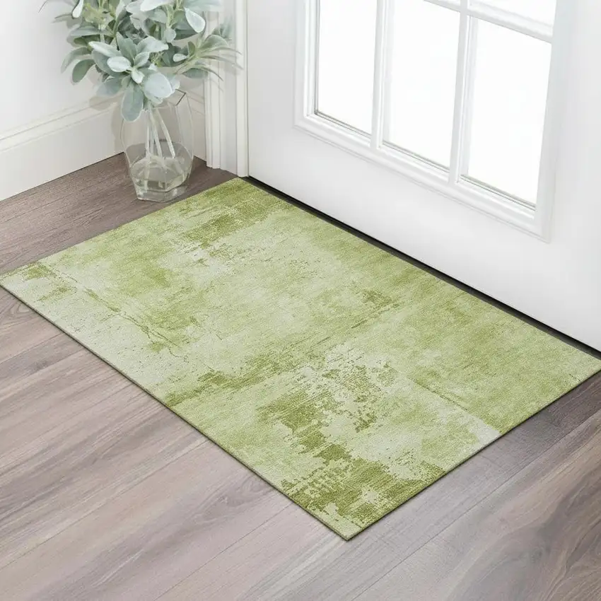 Lime Green And Olive Green Abstract Washable Area Rug With UV Protection Photo 2
