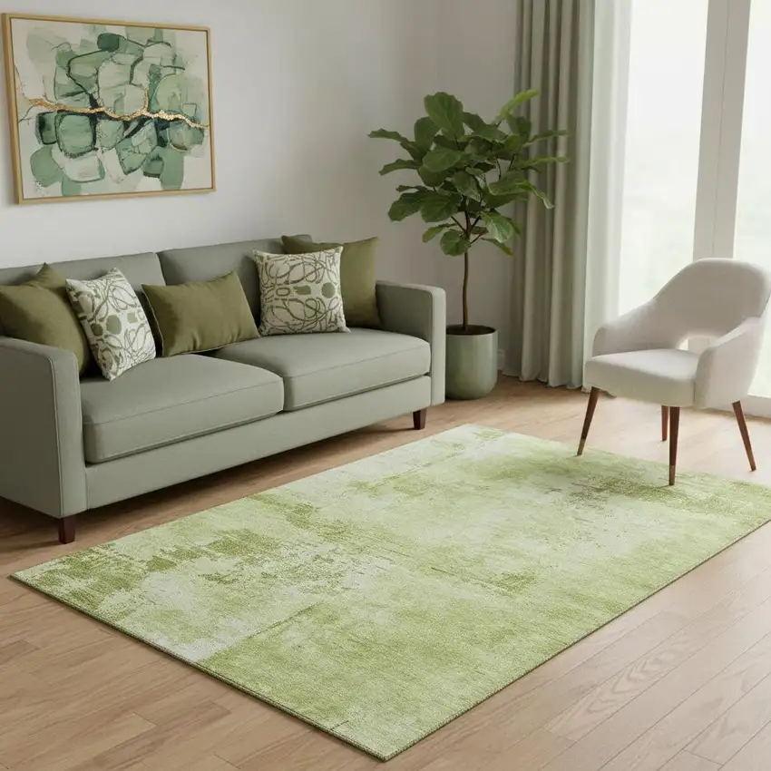 Lime Green And Olive Green Abstract Washable Area Rug With UV Protection Photo 2