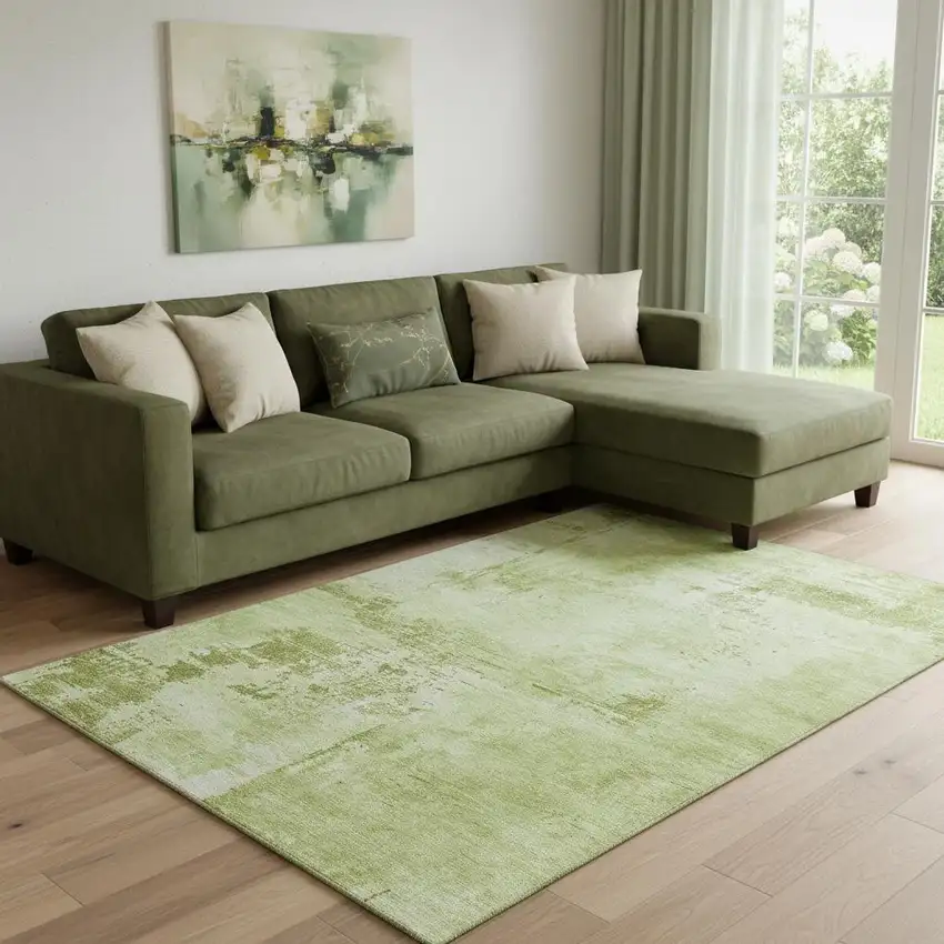 Lime Green And Olive Green Abstract Washable Area Rug With UV Protection Photo 2