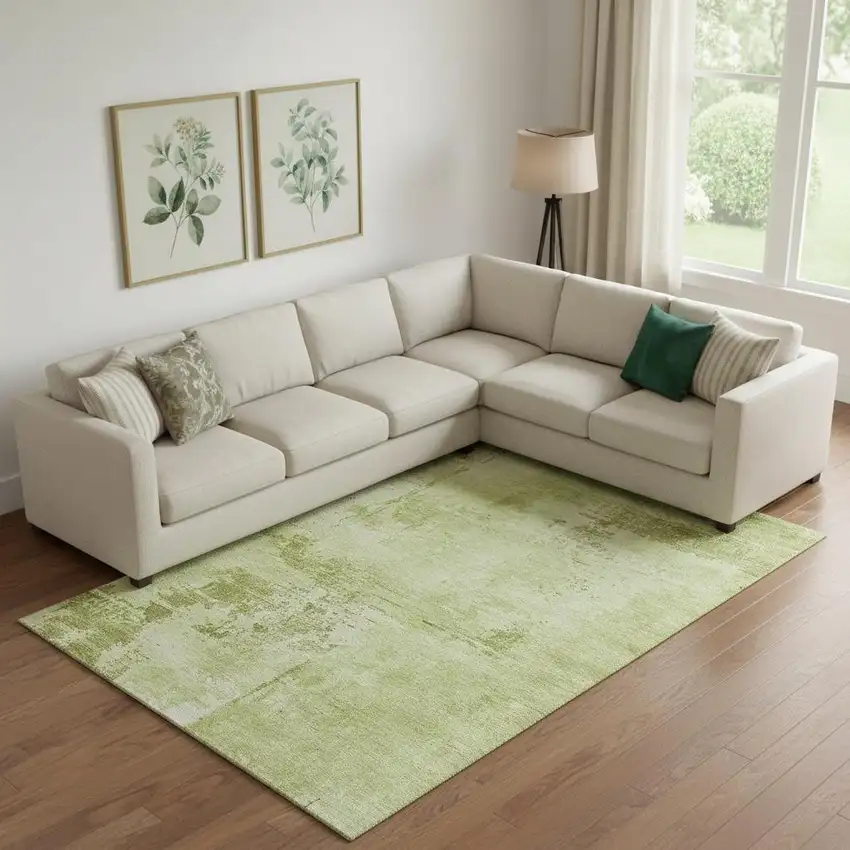 Lime Green And Olive Green Abstract Washable Area Rug With UV Protection Photo 2