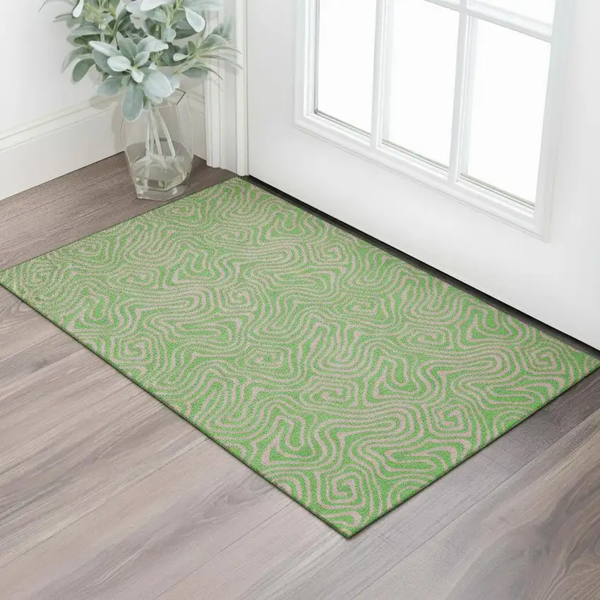 Lime Green And Pink Abstract Washable Area Rug With UV Protection Photo 2