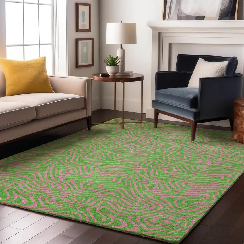 Lime Green And Pink Abstract Washable Area Rug With UV Protection Photo 4