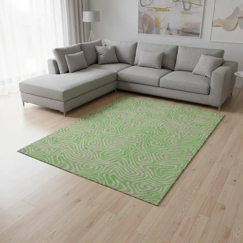 Lime Green And Pink Abstract Washable Area Rug With UV Protection Photo 2