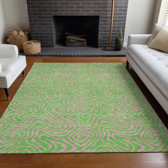 Lime Green And Pink Abstract Washable Indoor Outdoor Area Rug Photo 9