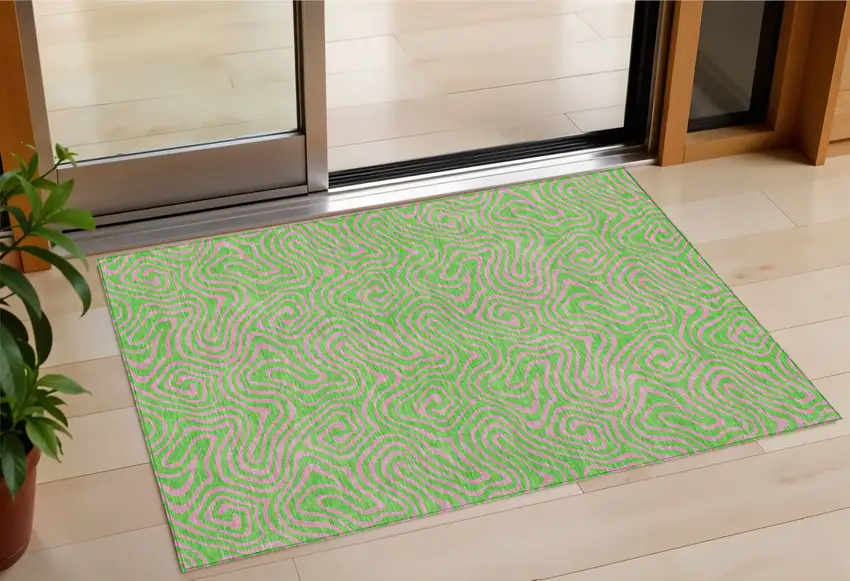 Lime Green And Pink Abstract Washable Indoor Outdoor Area Rug Photo 1