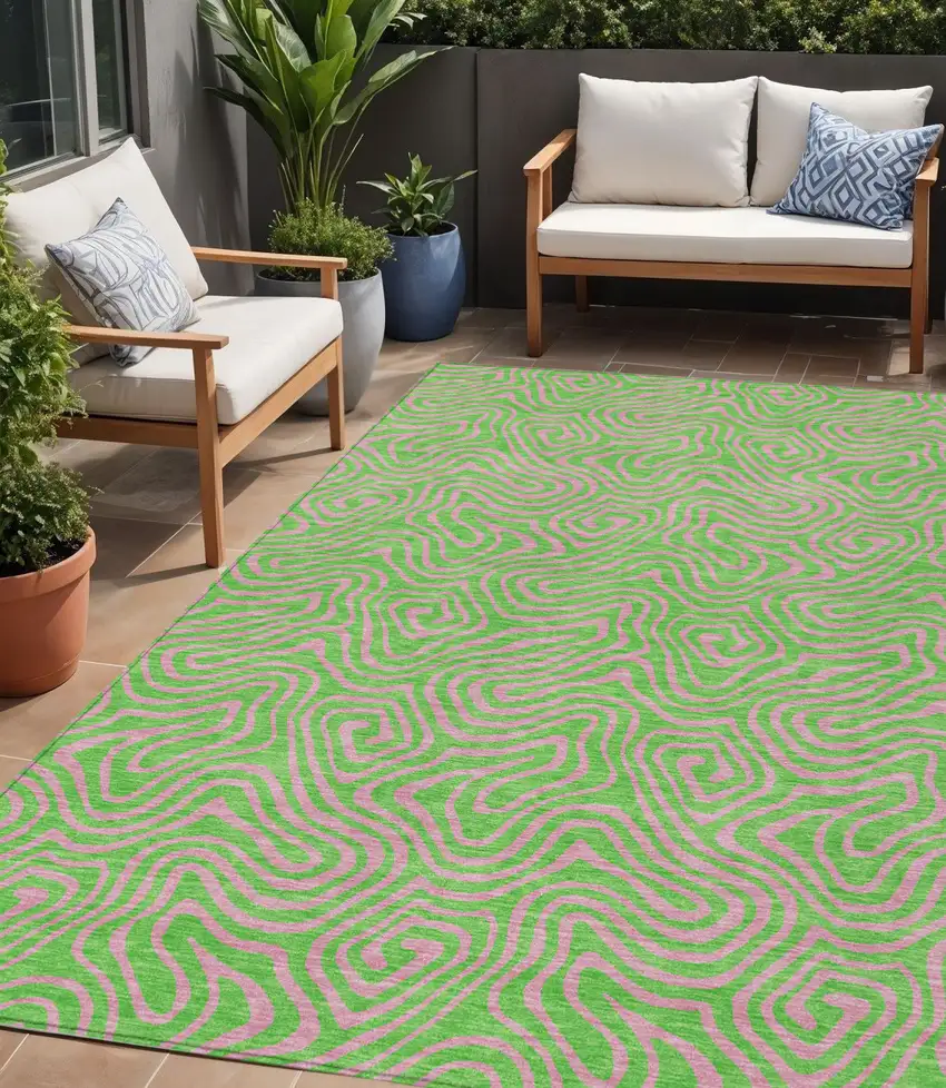 Lime Green And Pink Abstract Washable Indoor Outdoor Area Rug Photo 1