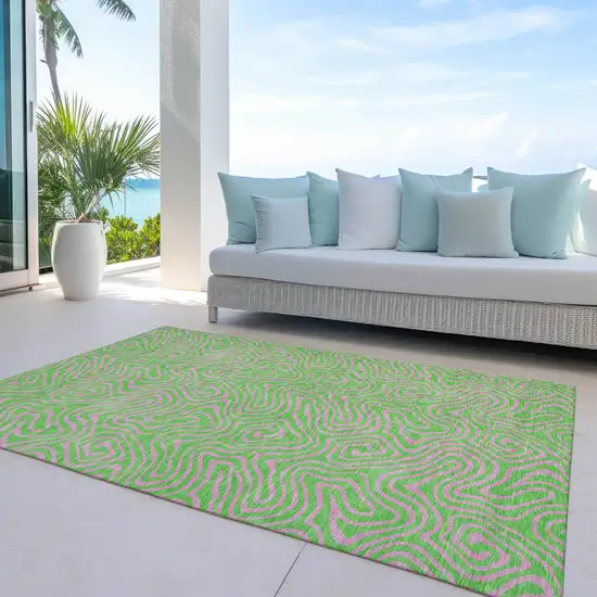 Lime Green And Pink Abstract Washable Indoor Outdoor Area Rug Photo 7