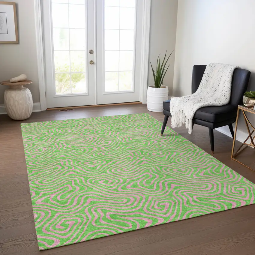 Lime Green And Pink Abstract Washable Indoor Outdoor Area Rug Photo 9