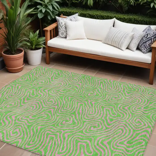 Lime Green And Pink Abstract Washable Indoor Outdoor Area Rug Photo 1