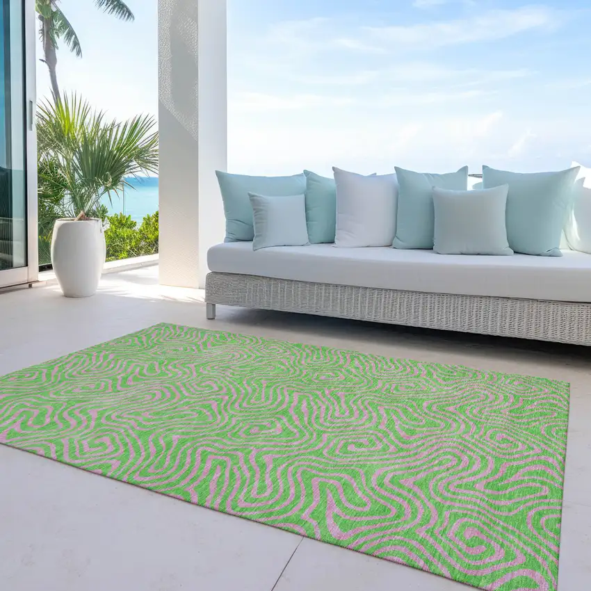 Lime Green And Pink Abstract Washable Indoor Outdoor Area Rug Photo 7