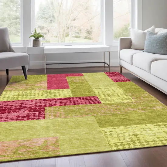Lime Green And Pink Geometric Washable Area Rug With UV Protection Photo 5