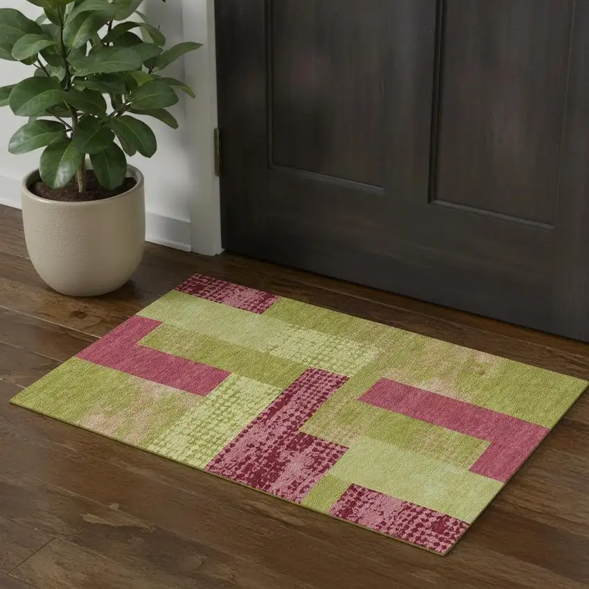 Lime Green And Pink Geometric Washable Area Rug With UV Protection Photo 2