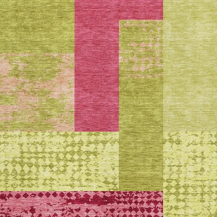 Lime Green And Pink Geometric Washable Area Rug With UV Protection Photo 2