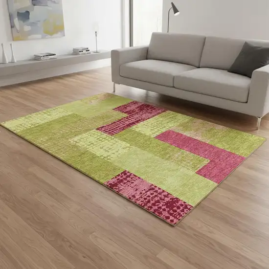 Lime Green And Pink Geometric Washable Area Rug With UV Protection Photo 2