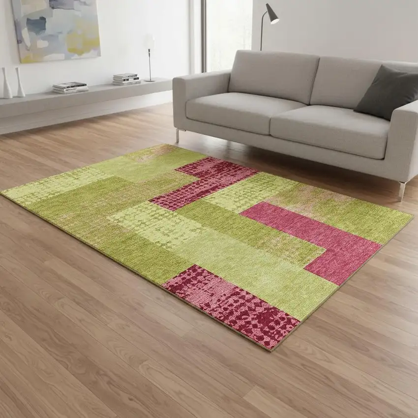 Lime Green And Pink Geometric Washable Area Rug With UV Protection Photo 2