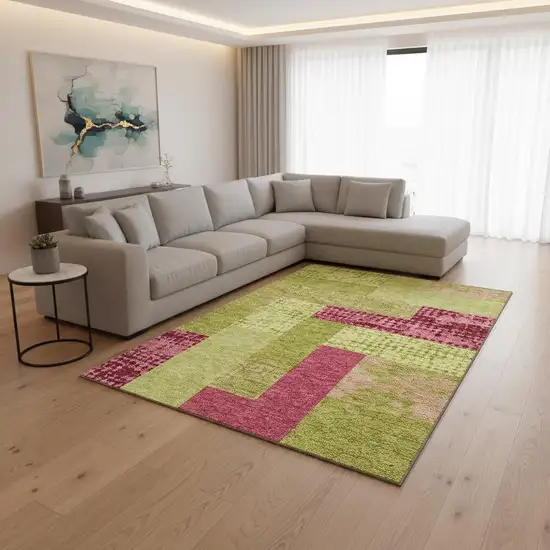 Lime Green And Pink Geometric Washable Area Rug With UV Protection Photo 2