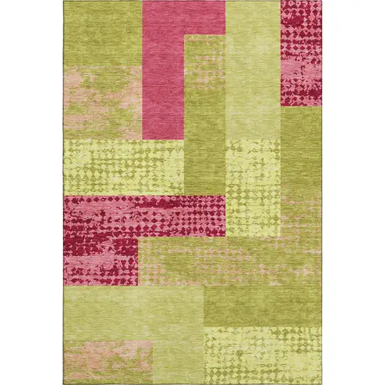 Lime Green And Pink Geometric Washable Area Rug With UV Protection Photo 1
