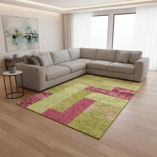 Lime Green And Pink Geometric Washable Area Rug With UV Protection Photo 2