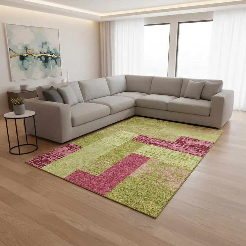 Lime Green And Pink Geometric Washable Area Rug With UV Protection Photo 2