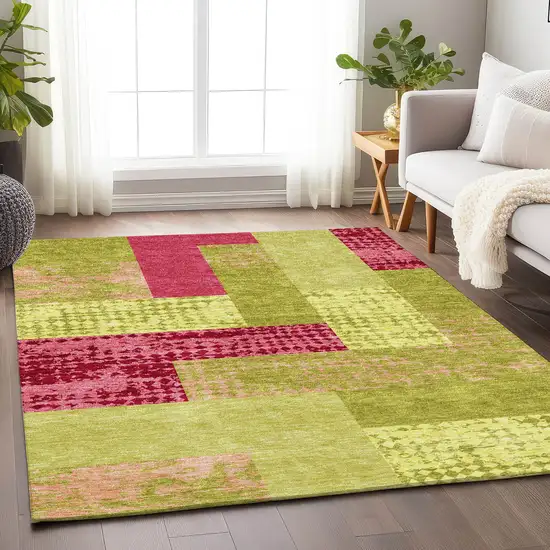 Lime Green And Pink Geometric Washable Area Rug With UV Protection Photo 4