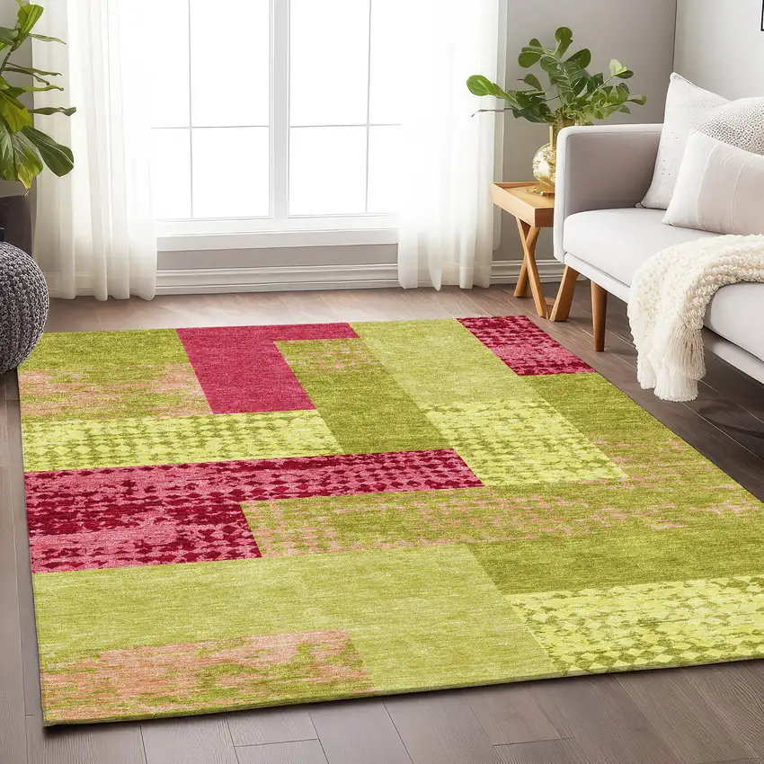 Lime Green And Pink Geometric Washable Area Rug With UV Protection Photo 4