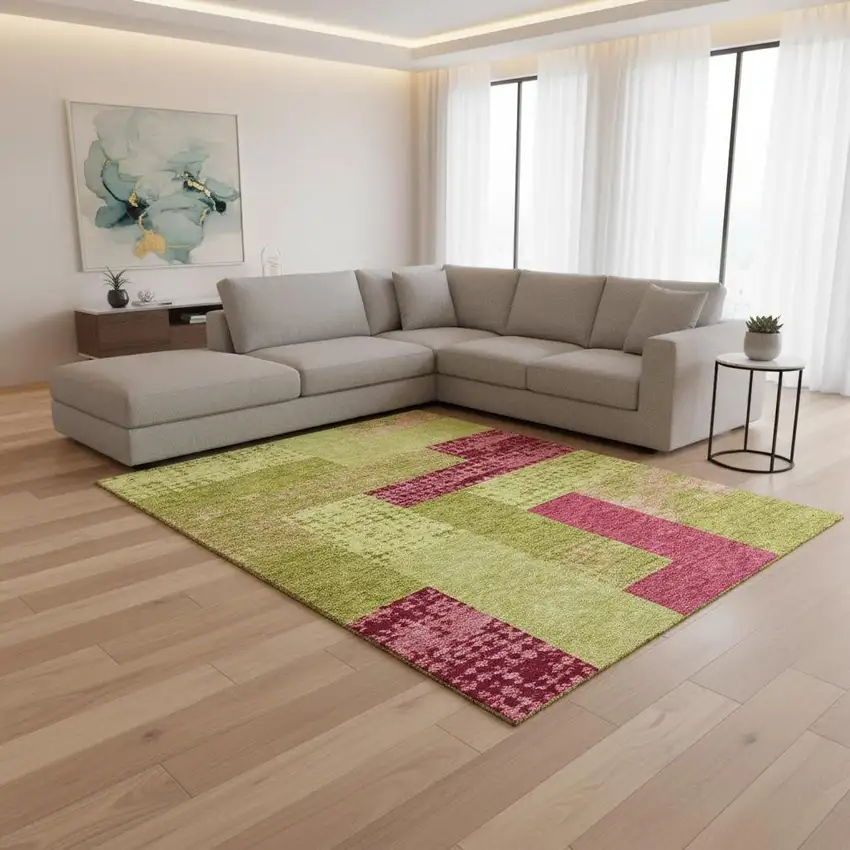 Lime Green And Pink Geometric Washable Area Rug With UV Protection Photo 2
