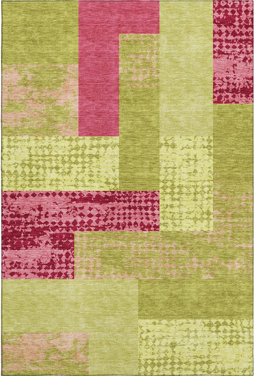 Lime Green And Pink Geometric Washable Area Rug With UV Protection Photo 1