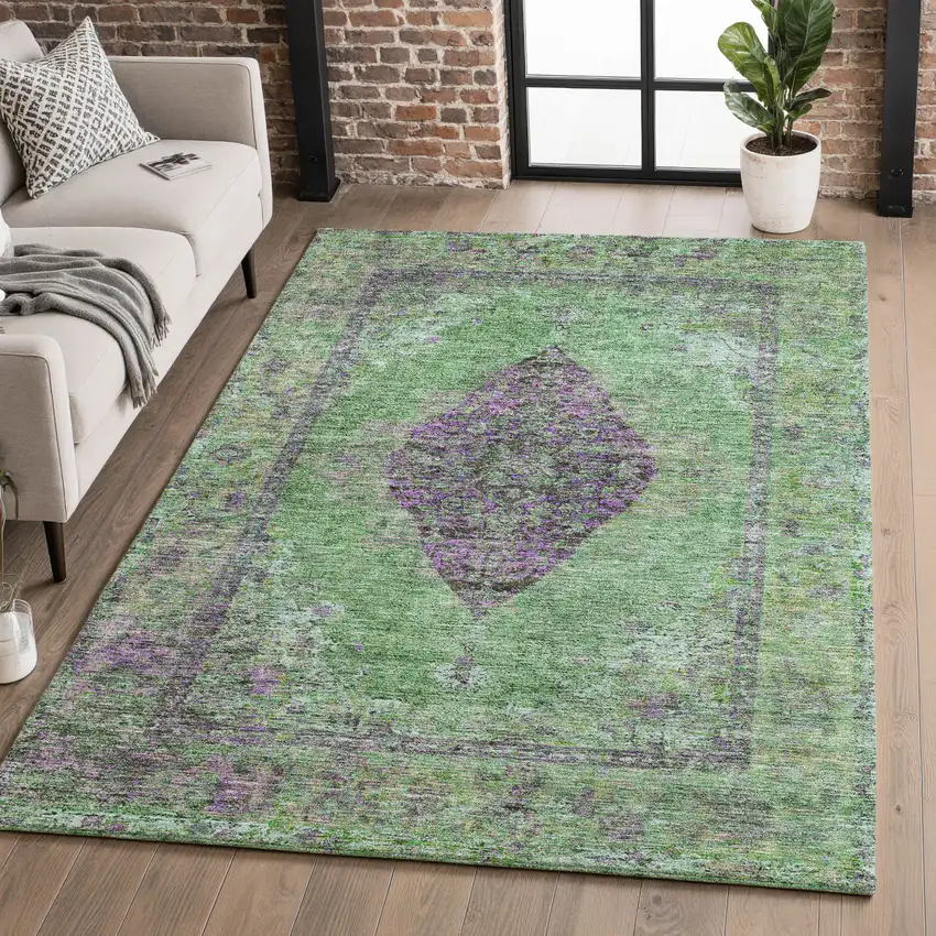 Lime Green And Purple Medallion Washable Area Rug With UV Protection Photo 5
