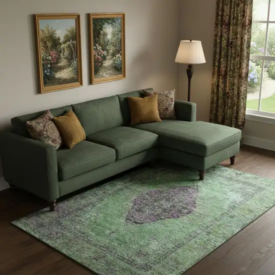 Lime Green And Purple Medallion Washable Area Rug With UV Protection Photo 2