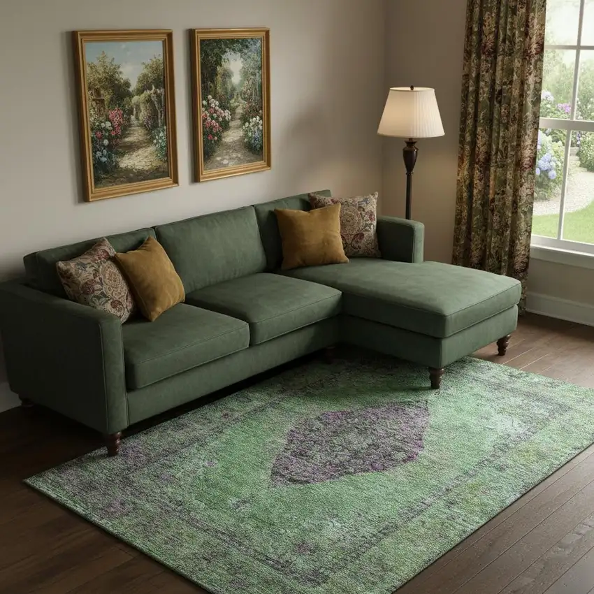 Lime Green And Purple Medallion Washable Area Rug With UV Protection Photo 2