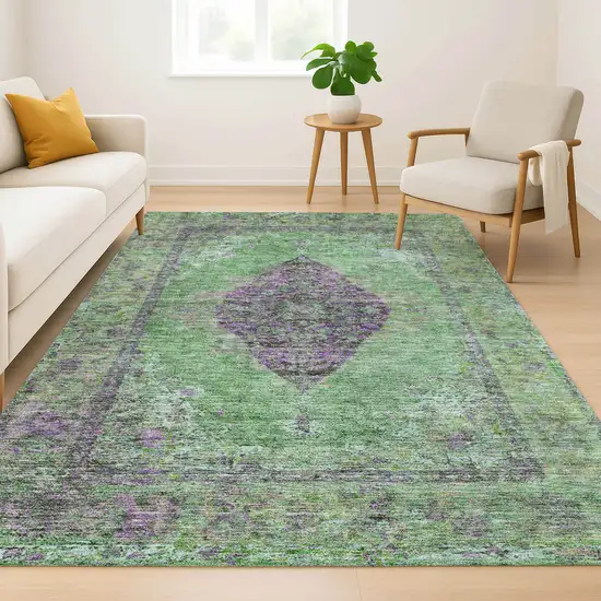 Lime Green And Purple Medallion Washable Area Rug With UV Protection Photo 6