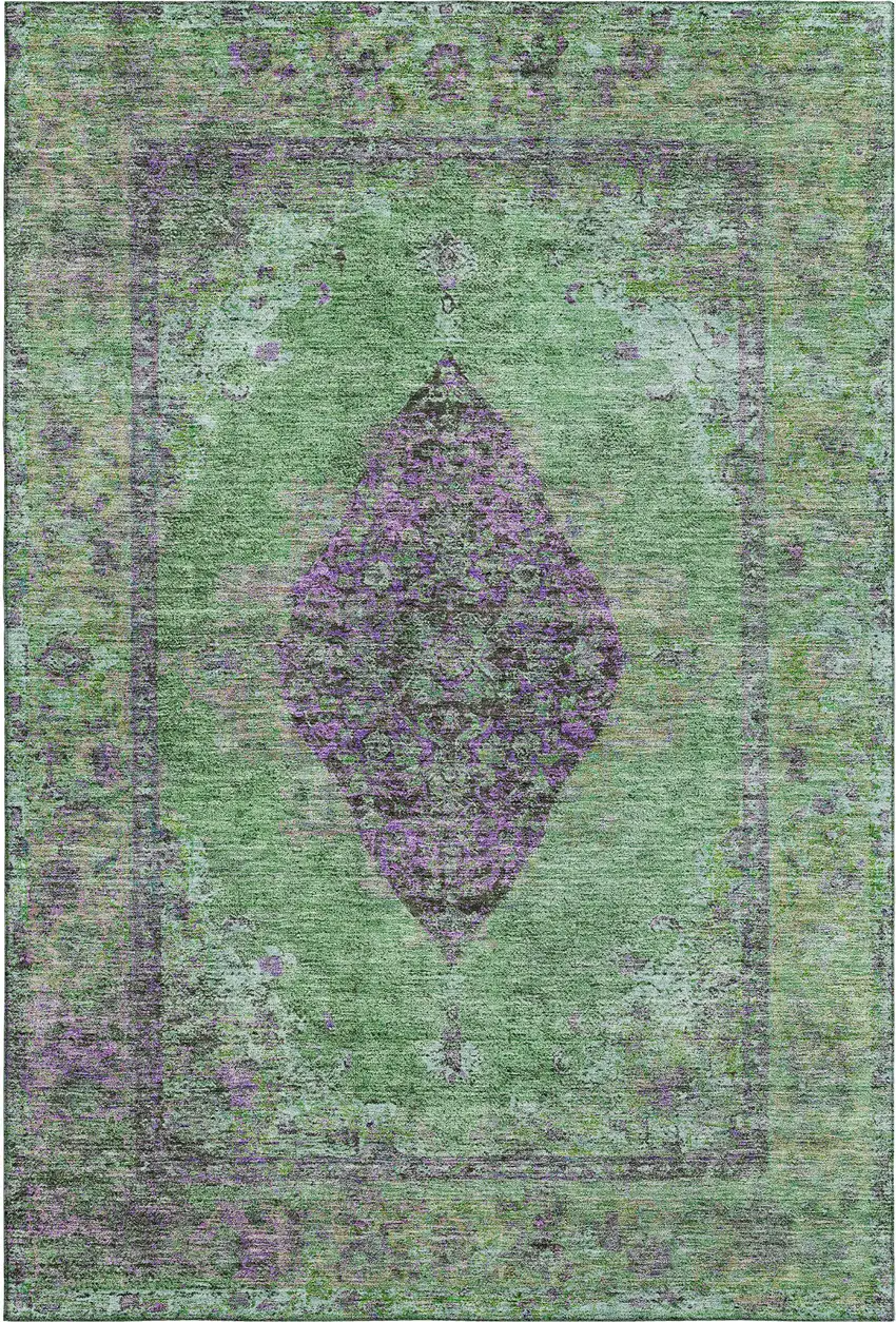 Lime Green And Purple Medallion Washable Area Rug With UV Protection Photo 1