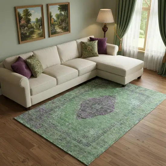Lime Green And Purple Medallion Washable Area Rug With UV Protection Photo 2