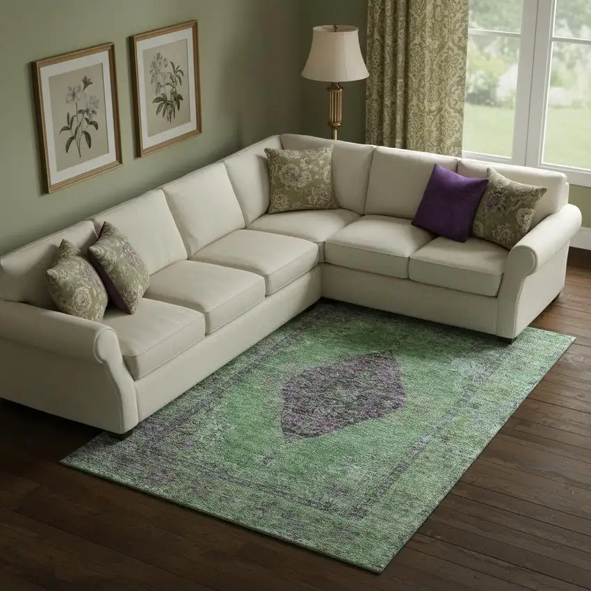 Lime Green And Purple Medallion Washable Area Rug With UV Protection Photo 2