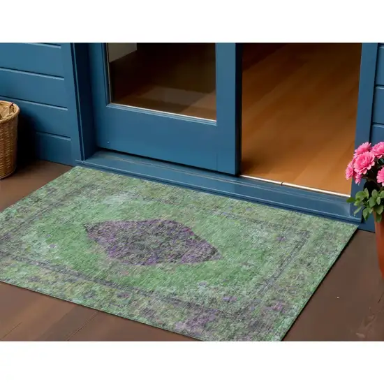 Lime Green And Purple Medallion Washable Indoor Outdoor Area Rug Photo 2