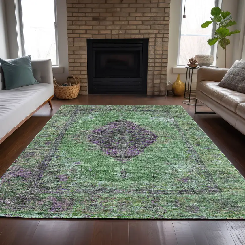 Lime Green And Purple Medallion Washable Indoor Outdoor Area Rug Photo 7