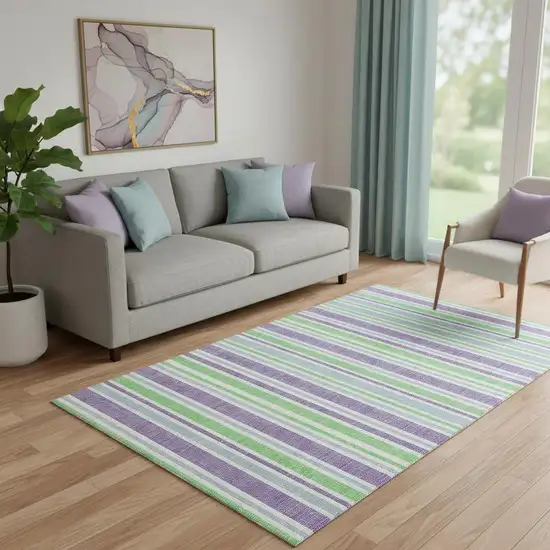 Lime Green And Purple Striped Washable Area Rug With UV Protection Photo 1