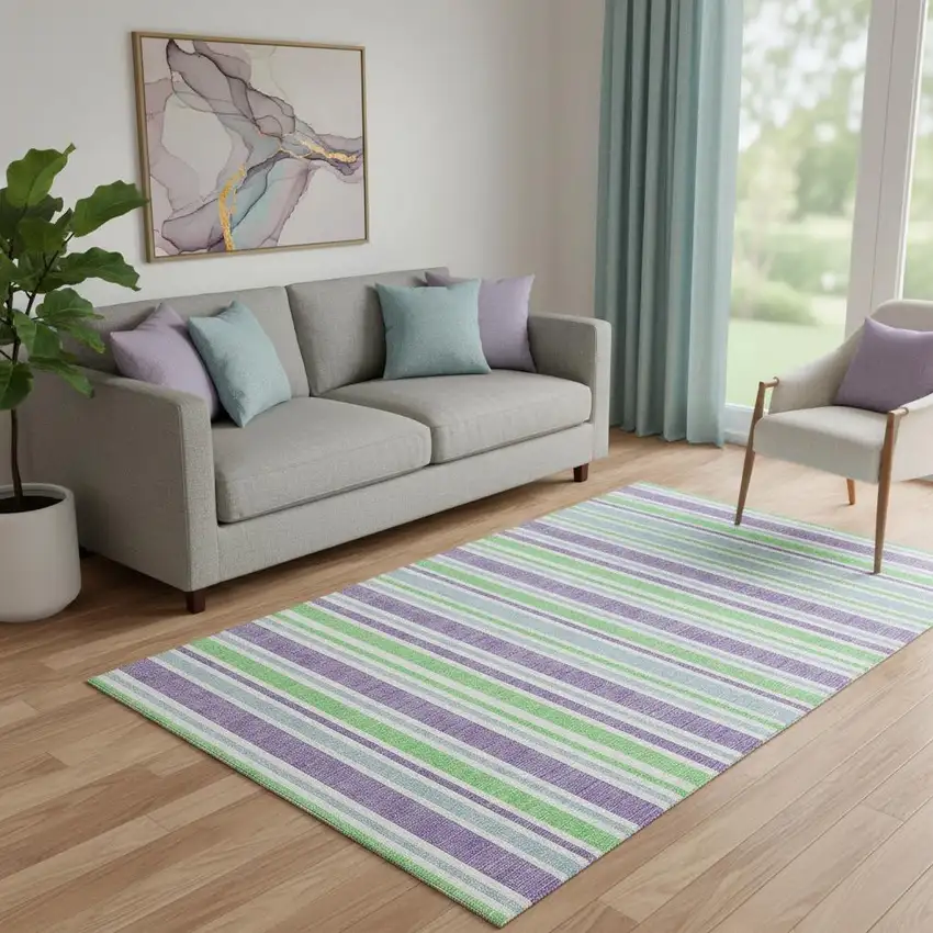 Lime Green And Purple Striped Washable Area Rug With UV Protection Photo 1
