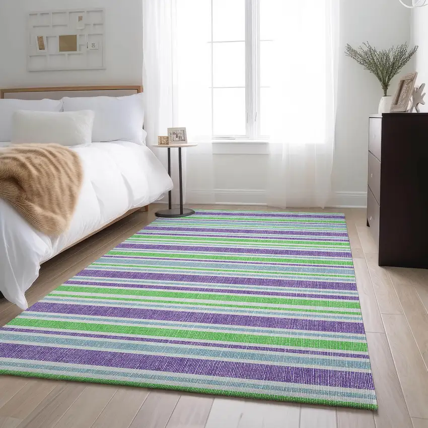 Lime Green And Purple Striped Washable Area Rug With UV Protection Photo 4