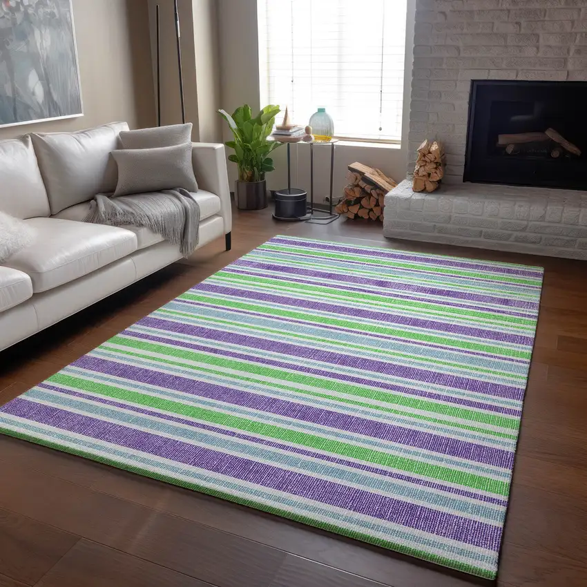 Lime Green And Purple Striped Washable Area Rug With UV Protection Photo 5