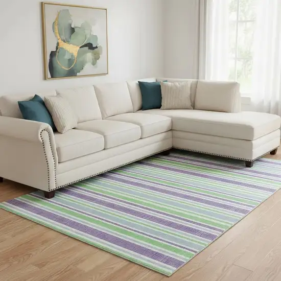 Lime Green And Purple Striped Washable Area Rug With UV Protection Photo 1