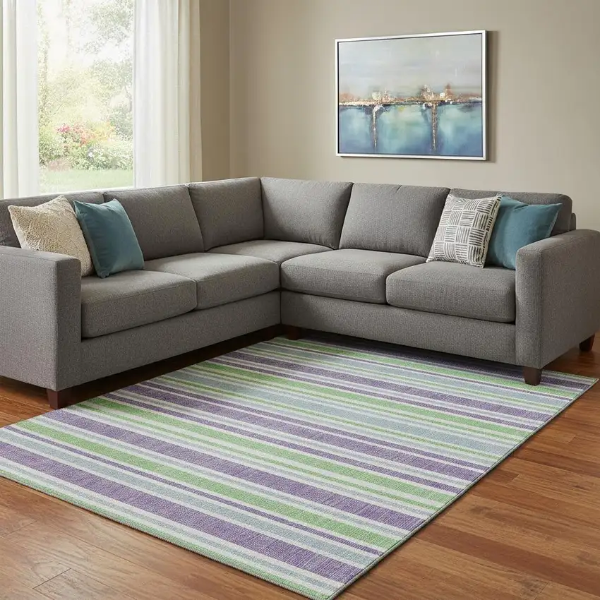 Lime Green And Purple Striped Washable Area Rug With UV Protection Photo 1
