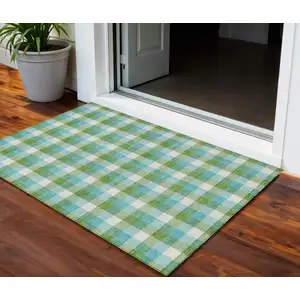 Photo of Lime Green Aqua And Beige Plaid Washable Indoor Outdoor Area Rug