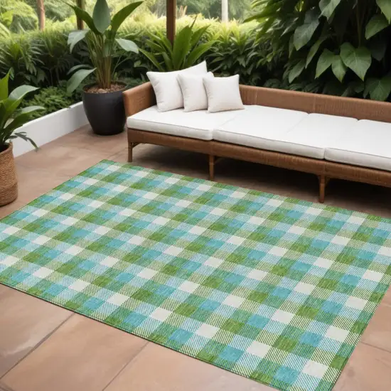 Lime Green Aqua And Beige Plaid Washable Indoor Outdoor Area Rug Photo 1