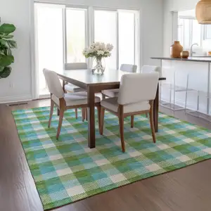 Photo of Lime Green Aqua And Beige Plaid Washable Indoor Outdoor Area Rug