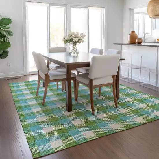 Lime Green Aqua And Beige Plaid Washable Indoor Outdoor Area Rug Photo 9