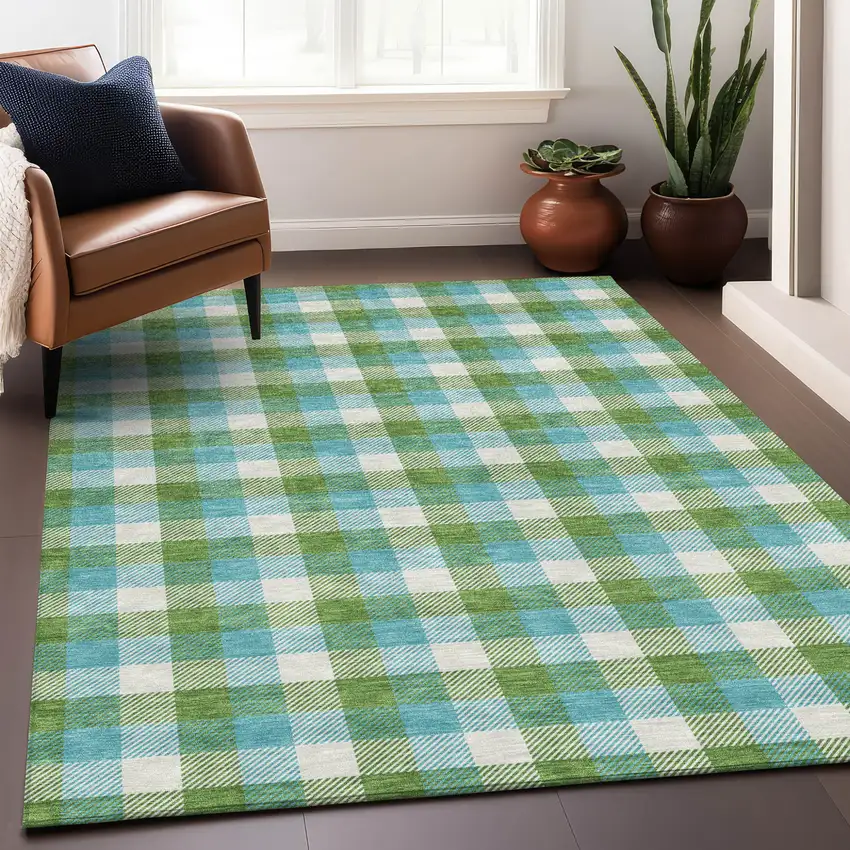 Lime Green Aqua And Beige Plaid Washable Indoor Outdoor Area Rug Photo 8