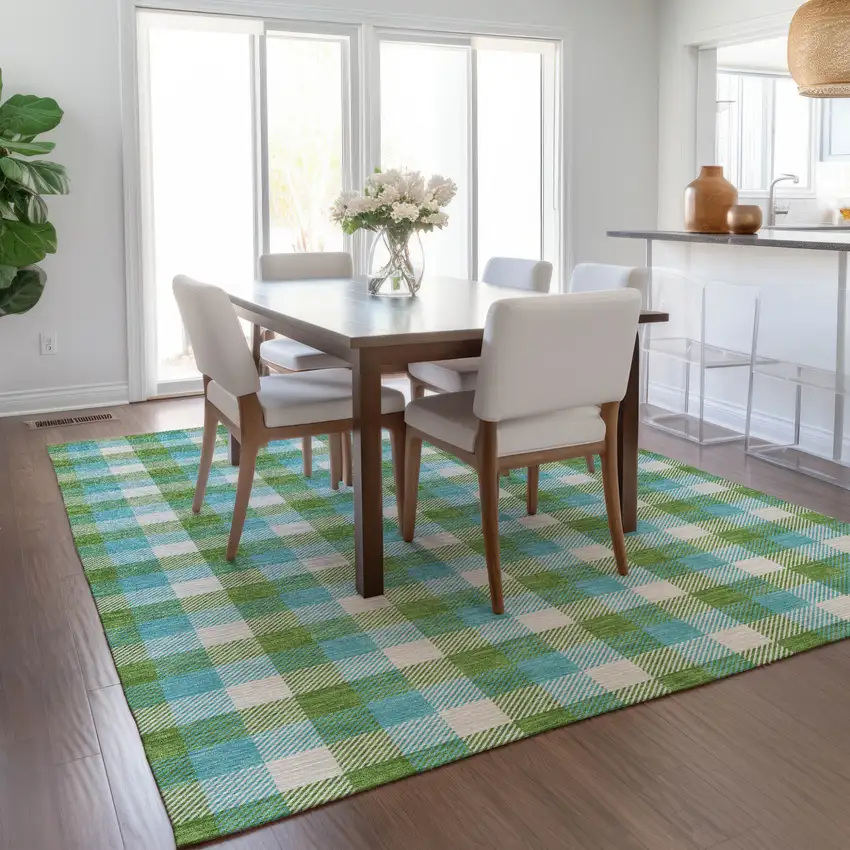 Lime Green Aqua And Beige Plaid Washable Indoor Outdoor Area Rug Photo 9