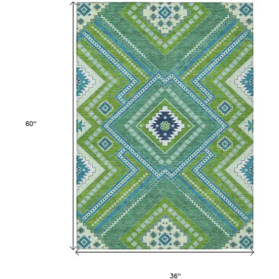 Lime Green Aqua And Ivory Tribal Washable Indoor Outdoor Area Rug Photo 3